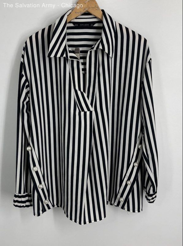 Zara Womens Black White Striped Collared Long Sleeve Blouse Top Size XS