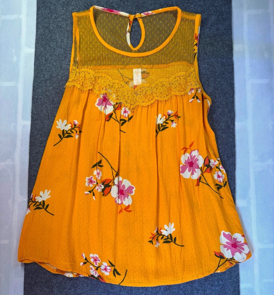 No Boundaries Yellow Floral Lace Trim Sleeveless Tank Top Large (11‑13)