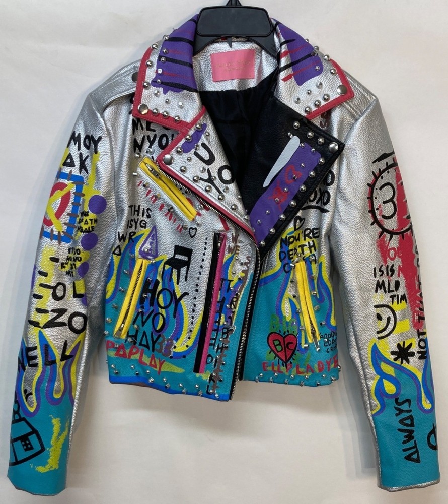 Azalea Wang Hand-Painted Moto Jacket W/ Studded Detailing Abstract Graffiti Art-image