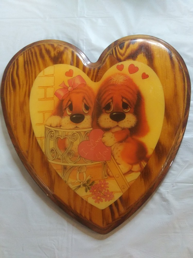 Vintage Sad Sam & Honey Wooden Plaque Carved Heart Shaped Wall Decor I love you