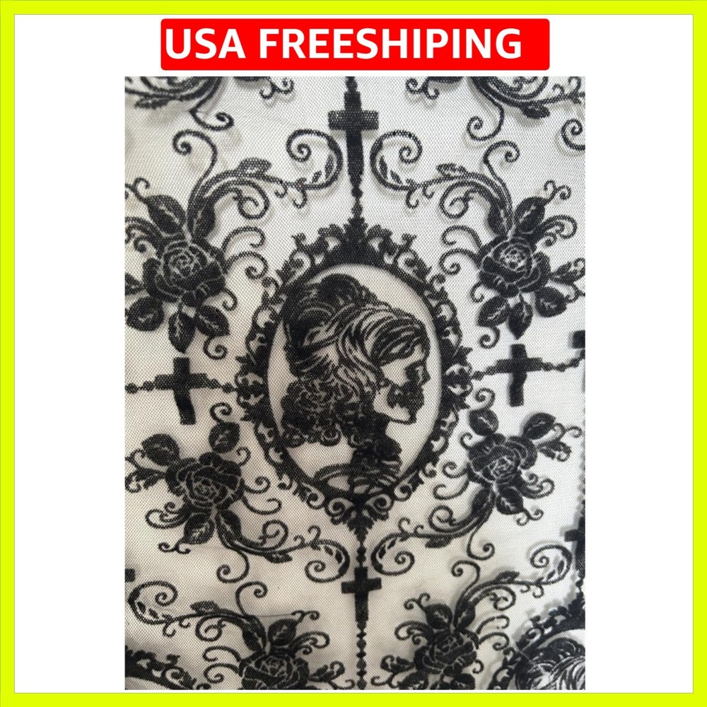 55 Inch Lace Fabric Soft Black Skull Lace Fabric Cross Floral Tulle Fabric fo...
