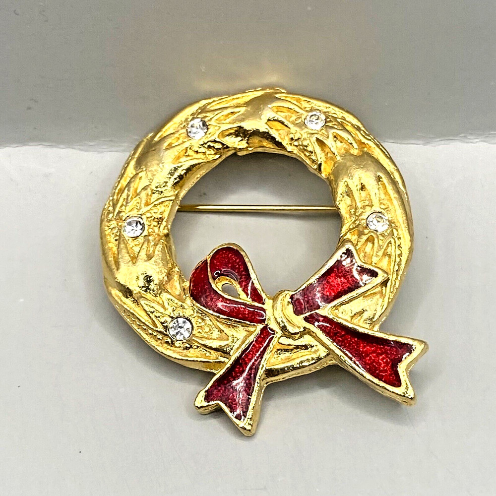 Vintage Gold Tone Wreath with Clear Rhinestones And Red Enamel Bow Brooch Pin