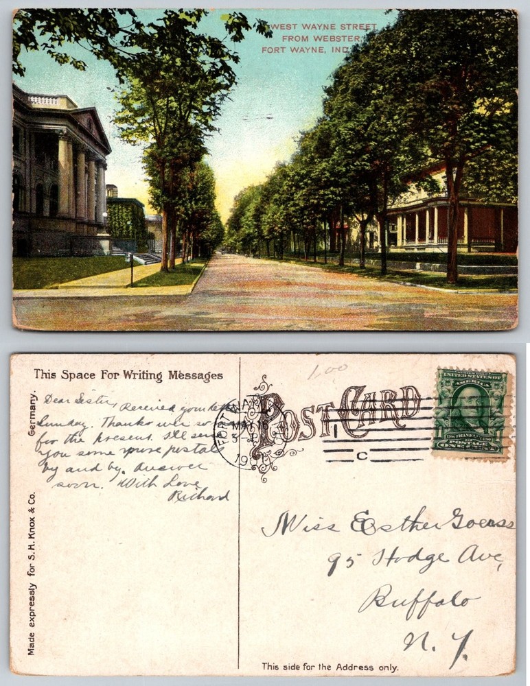 Fort Wayne, Indiana 1908 West Wayne Street Tree Lined Postcard S. H. Knox