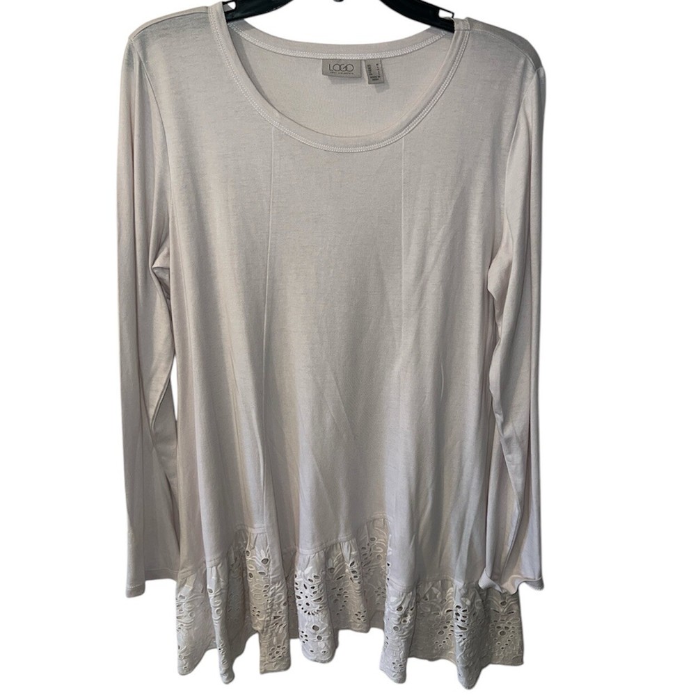 LOGO Lori Goldstein Tunic Womens Sz M Cream Top Eyelet Ruffle Hem Cotton Modal