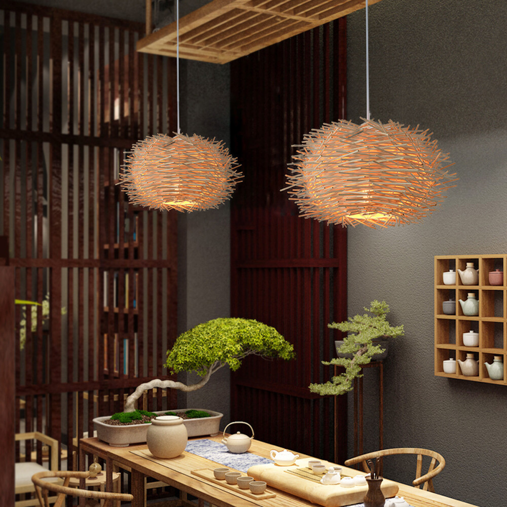 Handmade Rattan Weaving Chandelier Bird Nest Pendant Lamp Light Wicker Bamboo