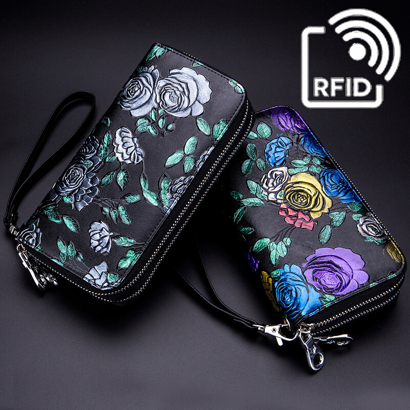 Womens Wallet Large Capacity Double Zip Card Phone Holder RFID Blocking Wristlet