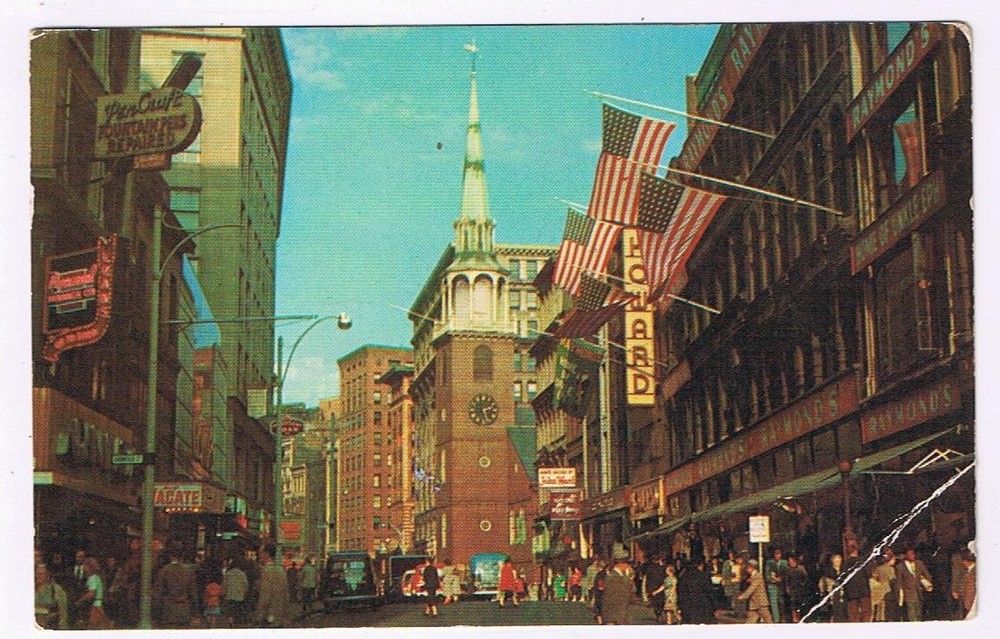 Postcard Old South Church Boston Massachusetts Street View People