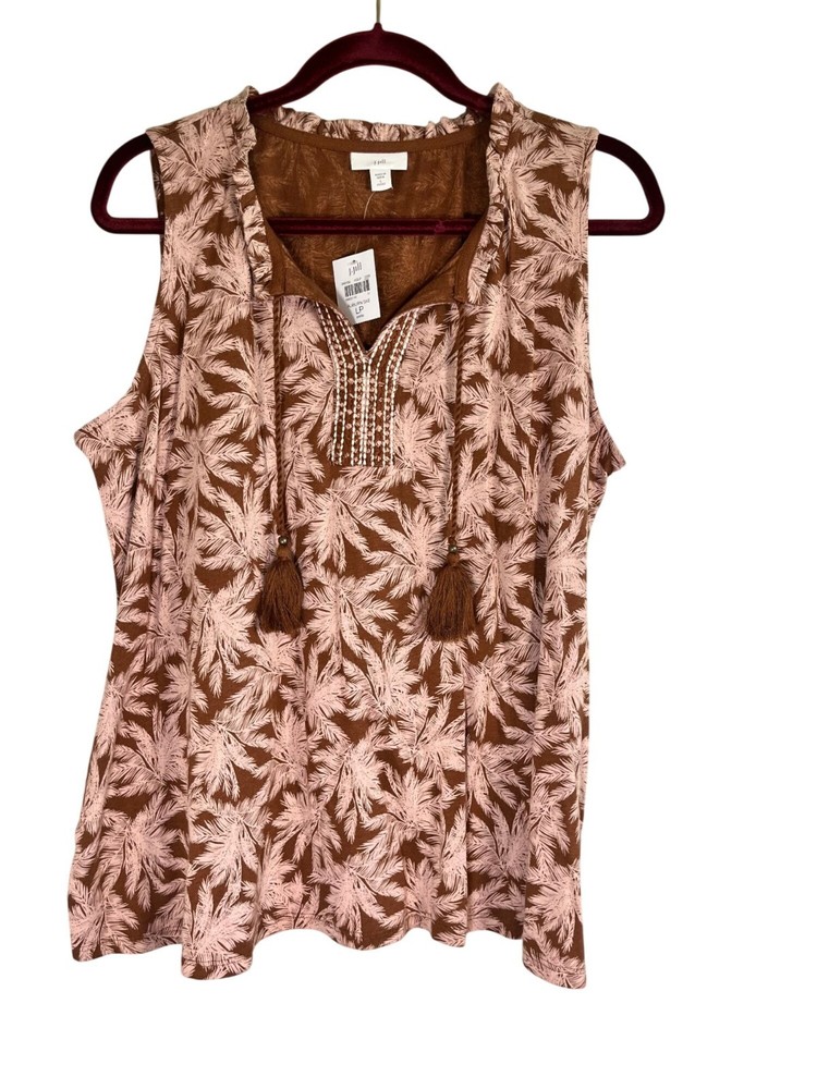 J Jill Floral Embroidery Tank Top PL Tropical Resort Preppy Artsy Classic Chic