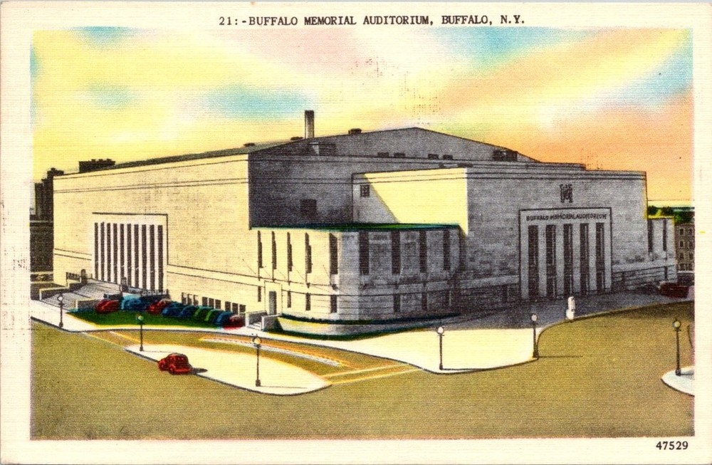 Buffalo Memorial Auditorium NY Postcard Vintage 1940s Architecture Linen