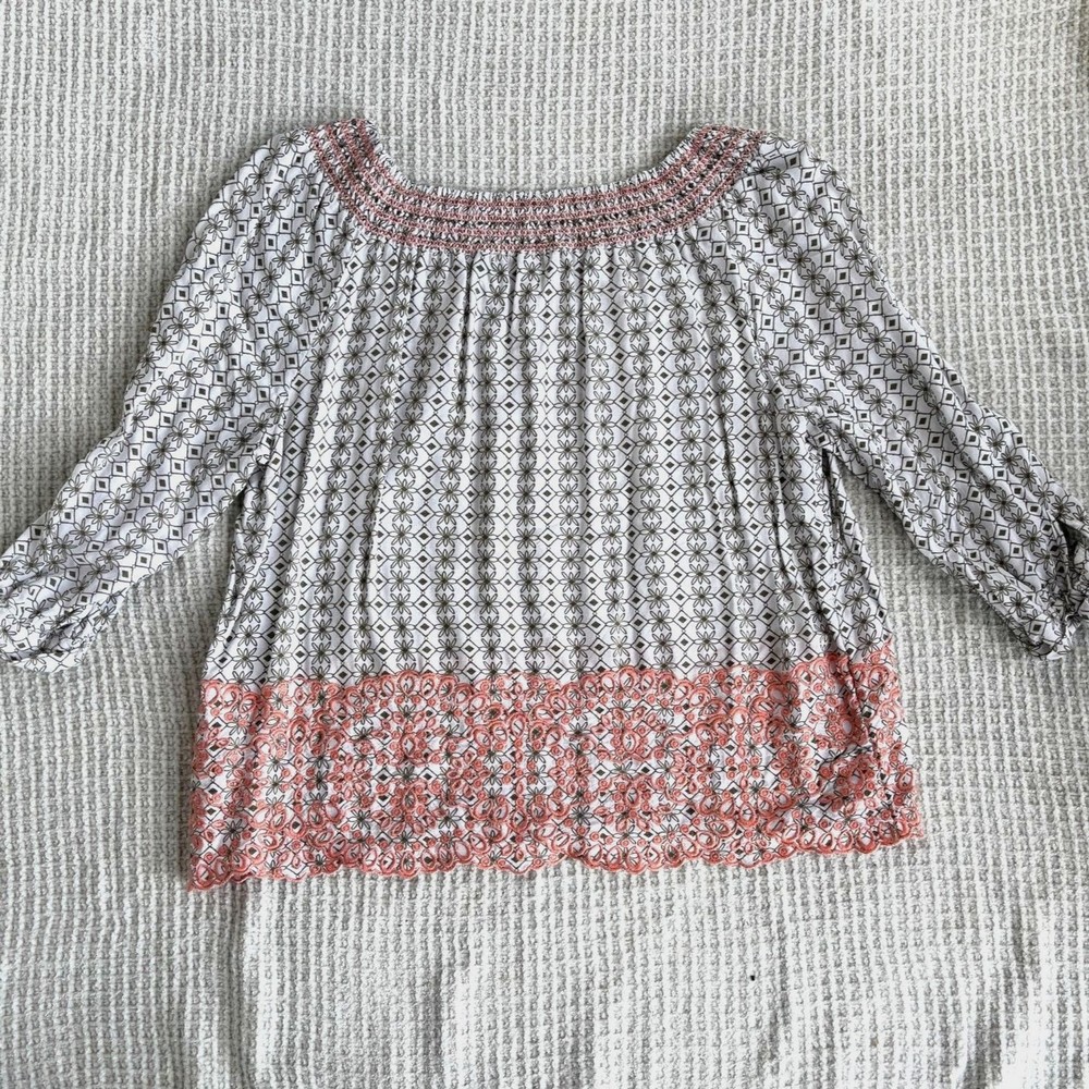 Boho Floral Peasant Blouse Orange Embroidered Trim Puff Sleeve Size L Y2K