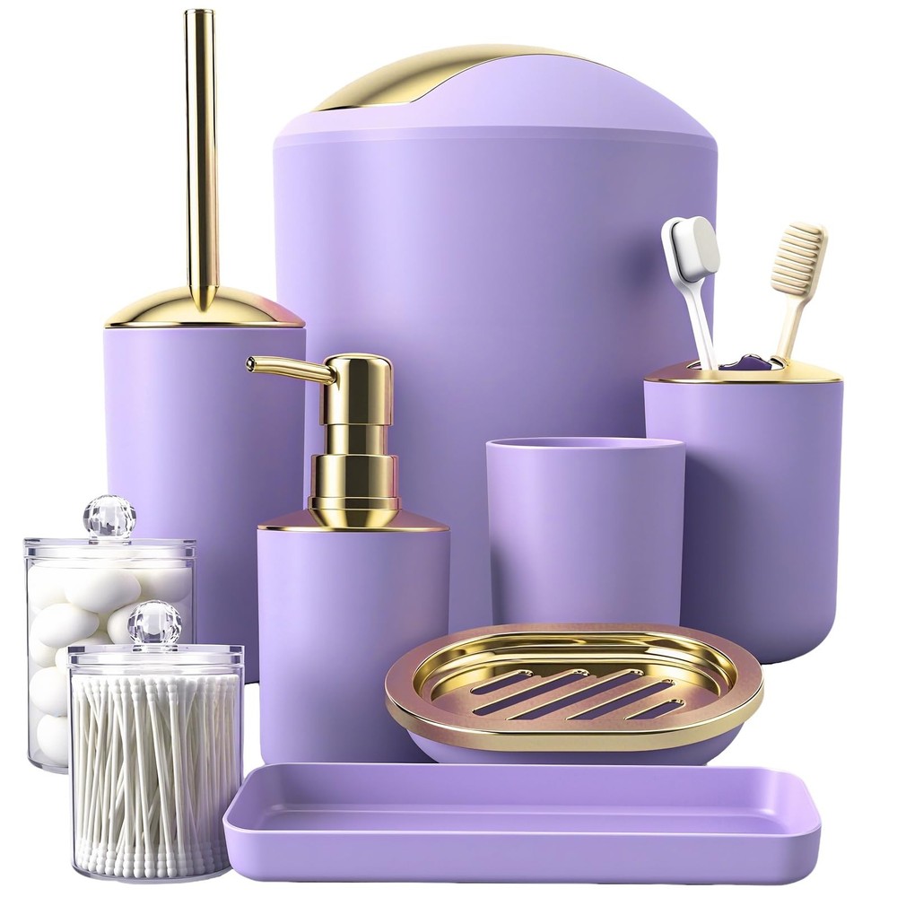9 Pieces Purple Bathroom Accessories Set Gorgeous Gold Bathroom Set, Trash Ca...