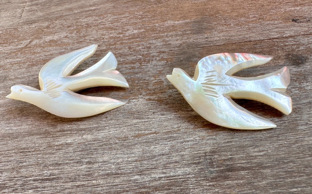 2 Vintage Mother Of Pearl Carved Dove Peace Pins Signed from Bethlehem