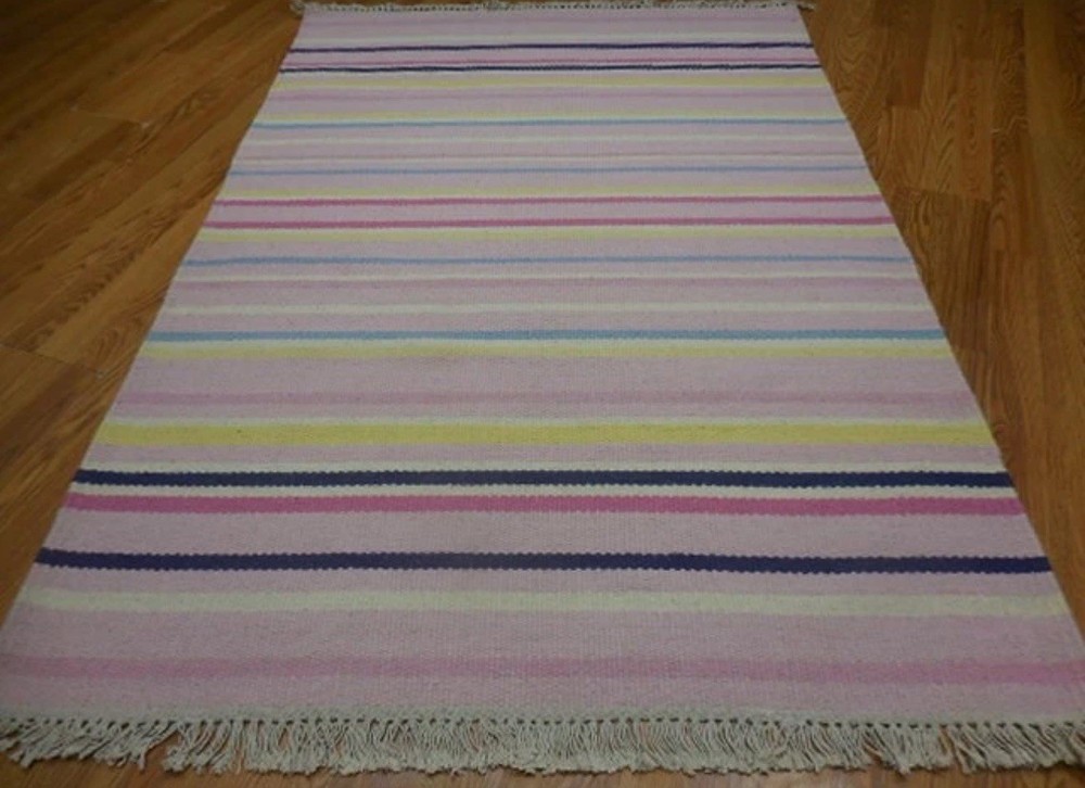 Vintage Handwoven Pastel Striped Flat Weave Rug Fringe Cottage Farmhouse Boho