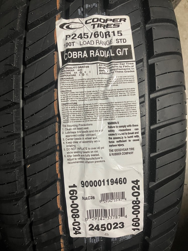 2 New 245 60 15 Cooper Cobra Radial G/T Raised White Letter Tires