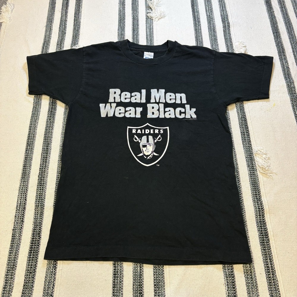 Vintage 80s Stedman Raiders T Shirt SZ M Real Men Wear Black NFL Paper Thin SS