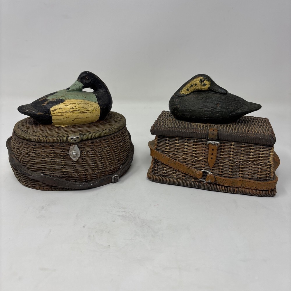 2 Duck Decoy Fishing Creek Resin Trinket Box 4 Inch Handmade Collectible