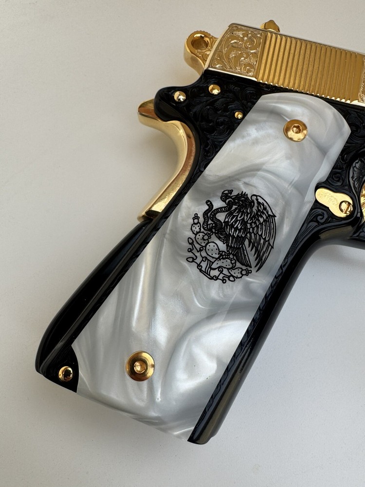 Custom 1911 White Pearl Mexican Eagle Grips lnlayed  38 super or 45acp