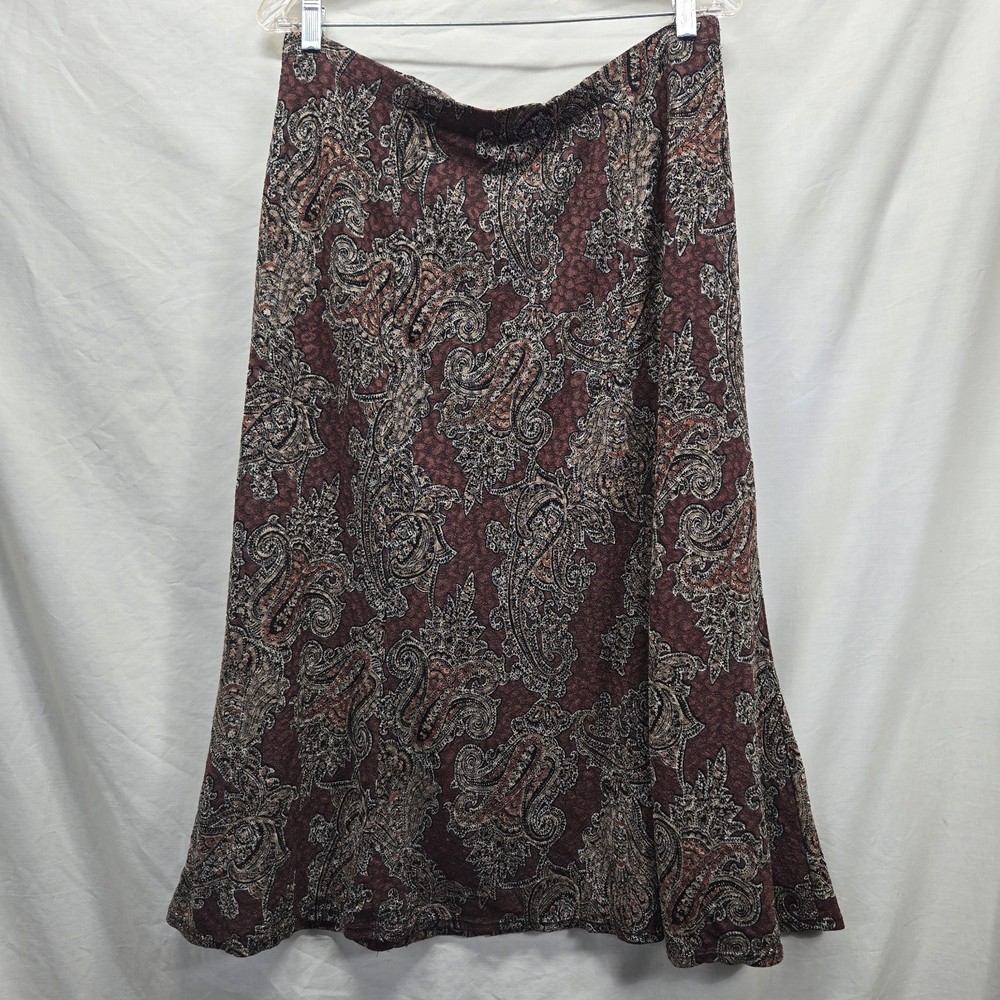 Notations Skirt Women's Size XL Brown Midi Skirt Paisley Stretch Waist Flowy
