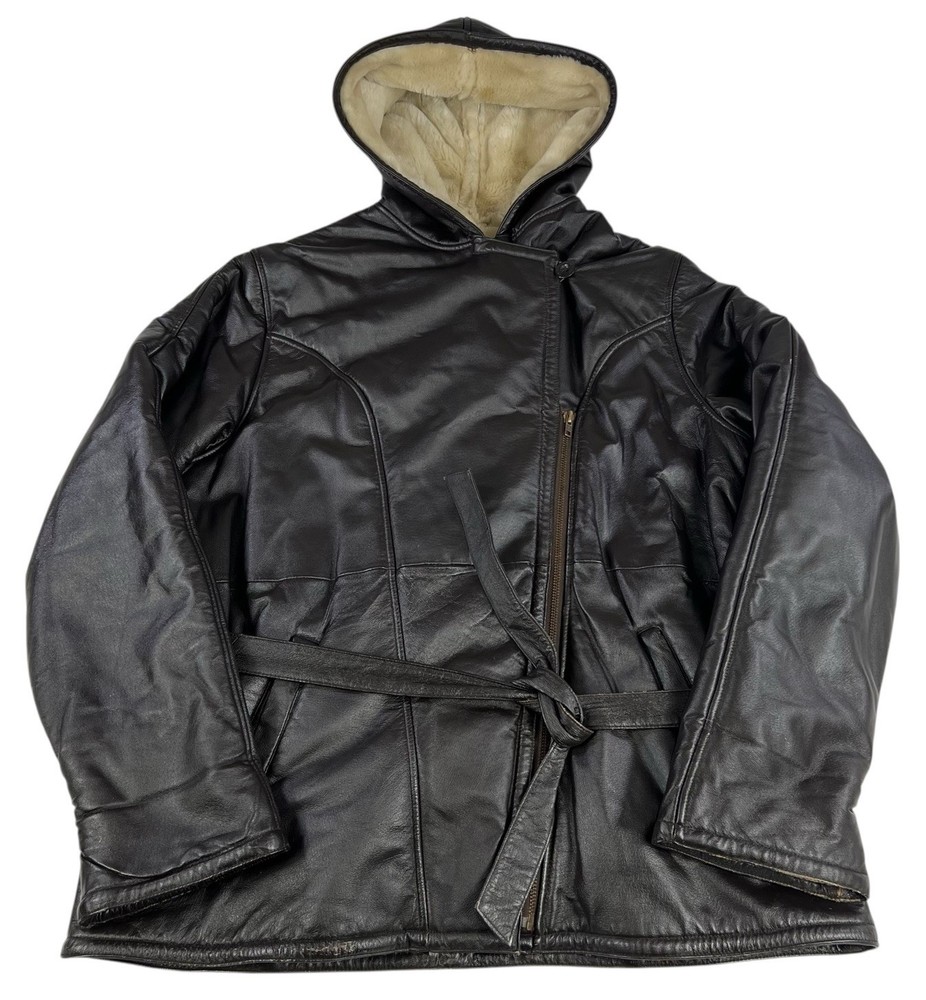 VTG Wilsons Leather Coat Womens 1X Black Faux Fur Lined Hooded Zip Jacket Belted