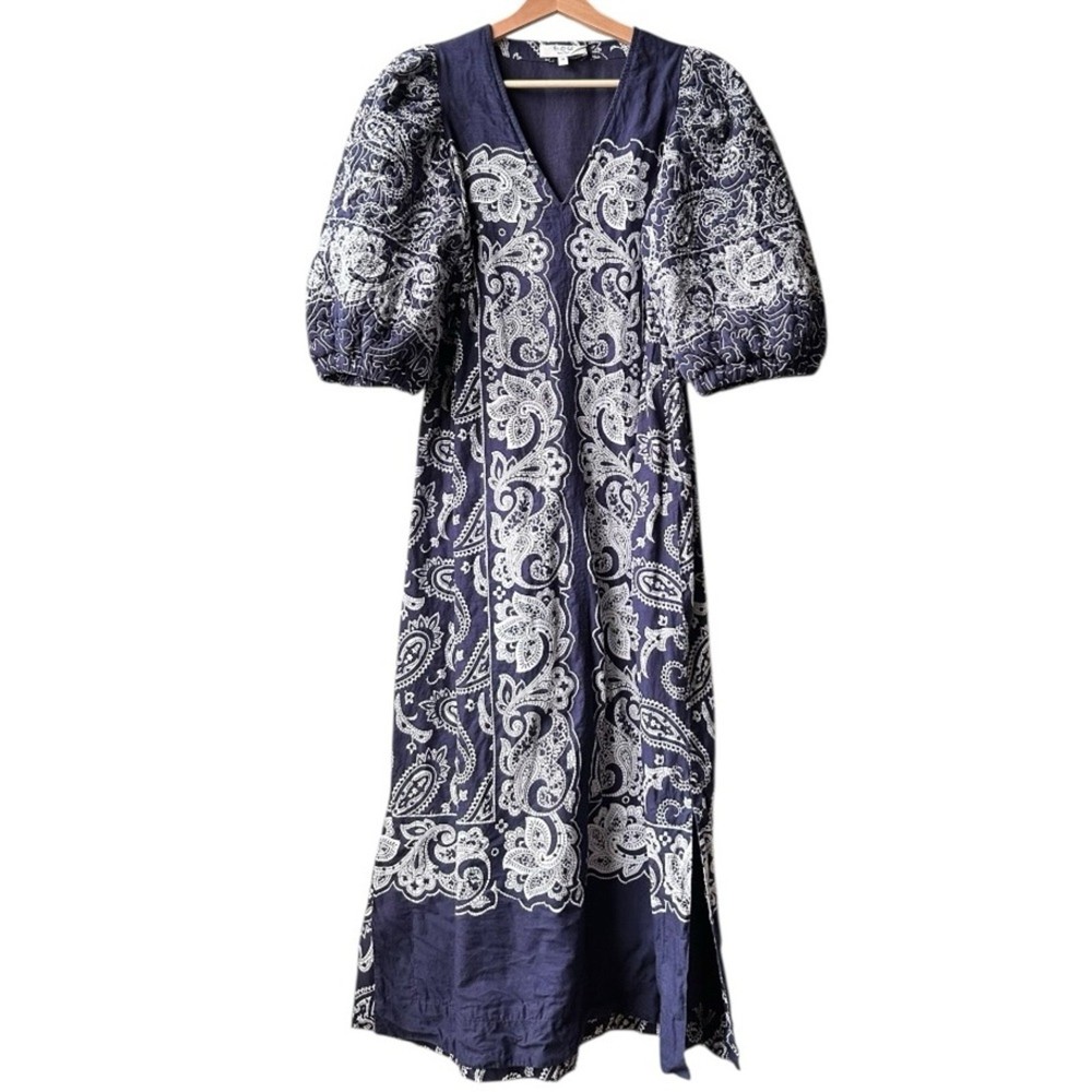 Sea New York Navy White Theodora Paisley Padded Puff Sleeve Cotton Midi Dress M