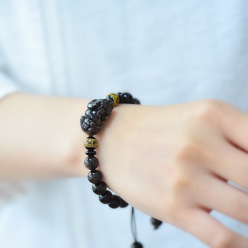 Men's Feng Shui Black Obsidian Pixiu Bracelet Wealth Good Luck Jewelry Gift