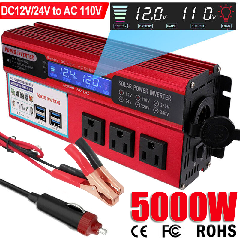 5000W Car Power Inverter DC 12V To AC 110V Pure Sine Wave Solar Converter LCD