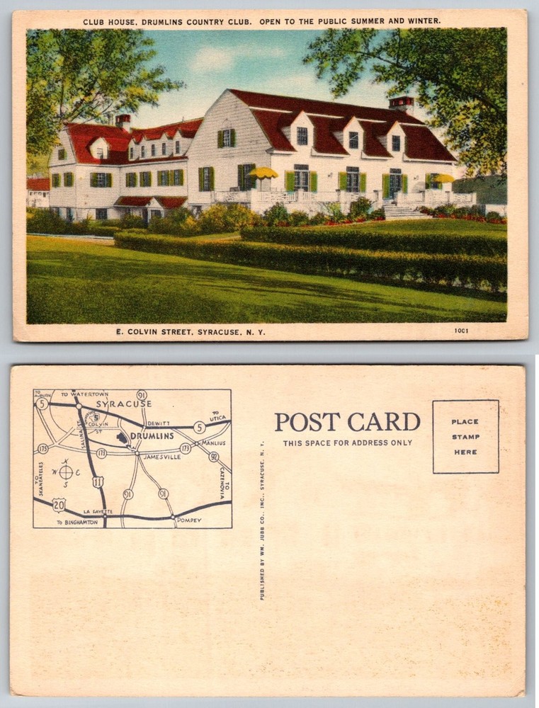 Drumlins Country Club Syracuse NY Postcard E. Colvin Street Map Vintage Linen