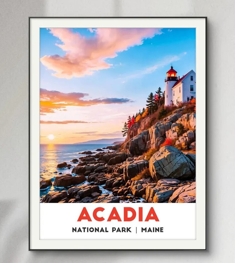 Acadia Lighthouse Sunset Poster - Iconic Maine Coastal Beauty Wall Art-image