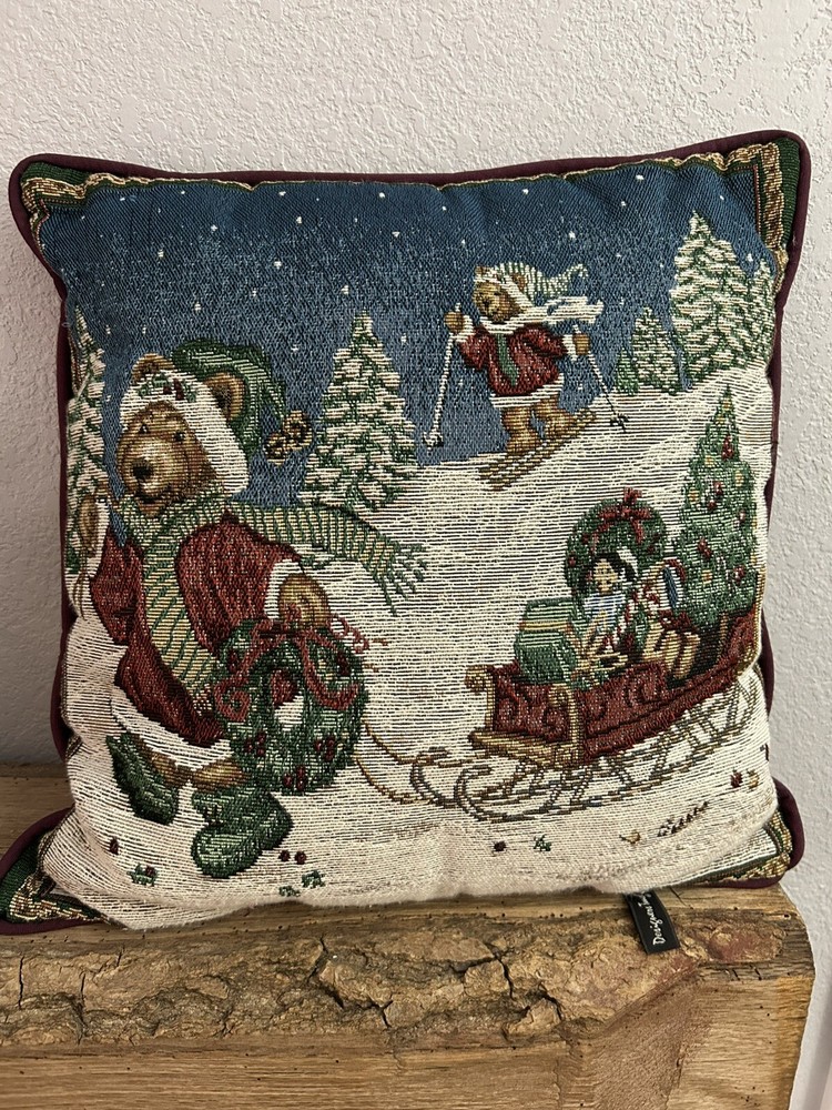 Designers Touch Christmas Tapestry Accent Pillow Victorian Sled Bears Holiday-image