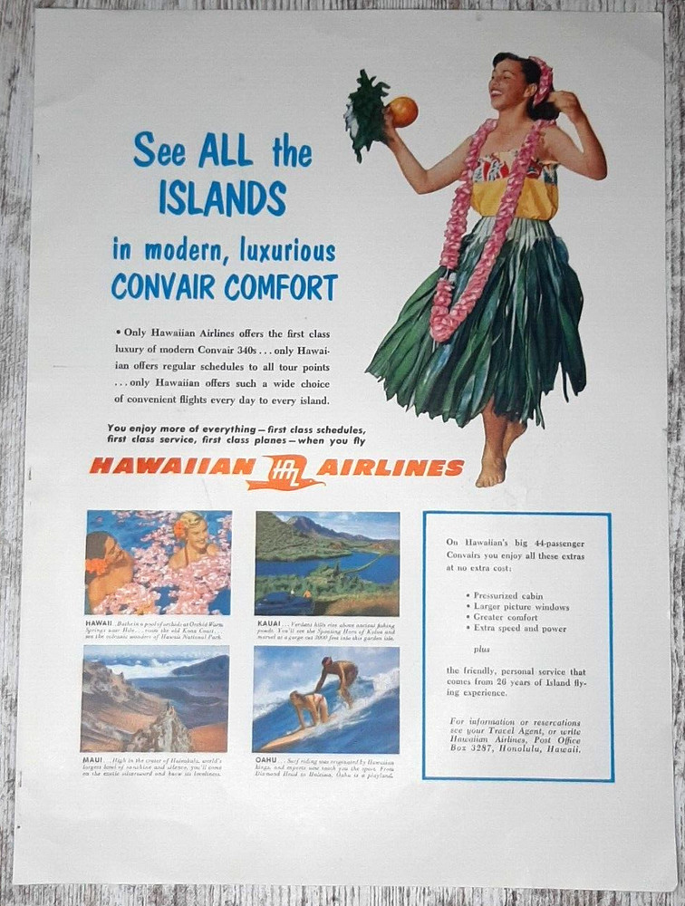 1956 Hawaiian Airlines Vintage Print Ad Tours Hawaii Kauai Oahu Maui Girl Lei
