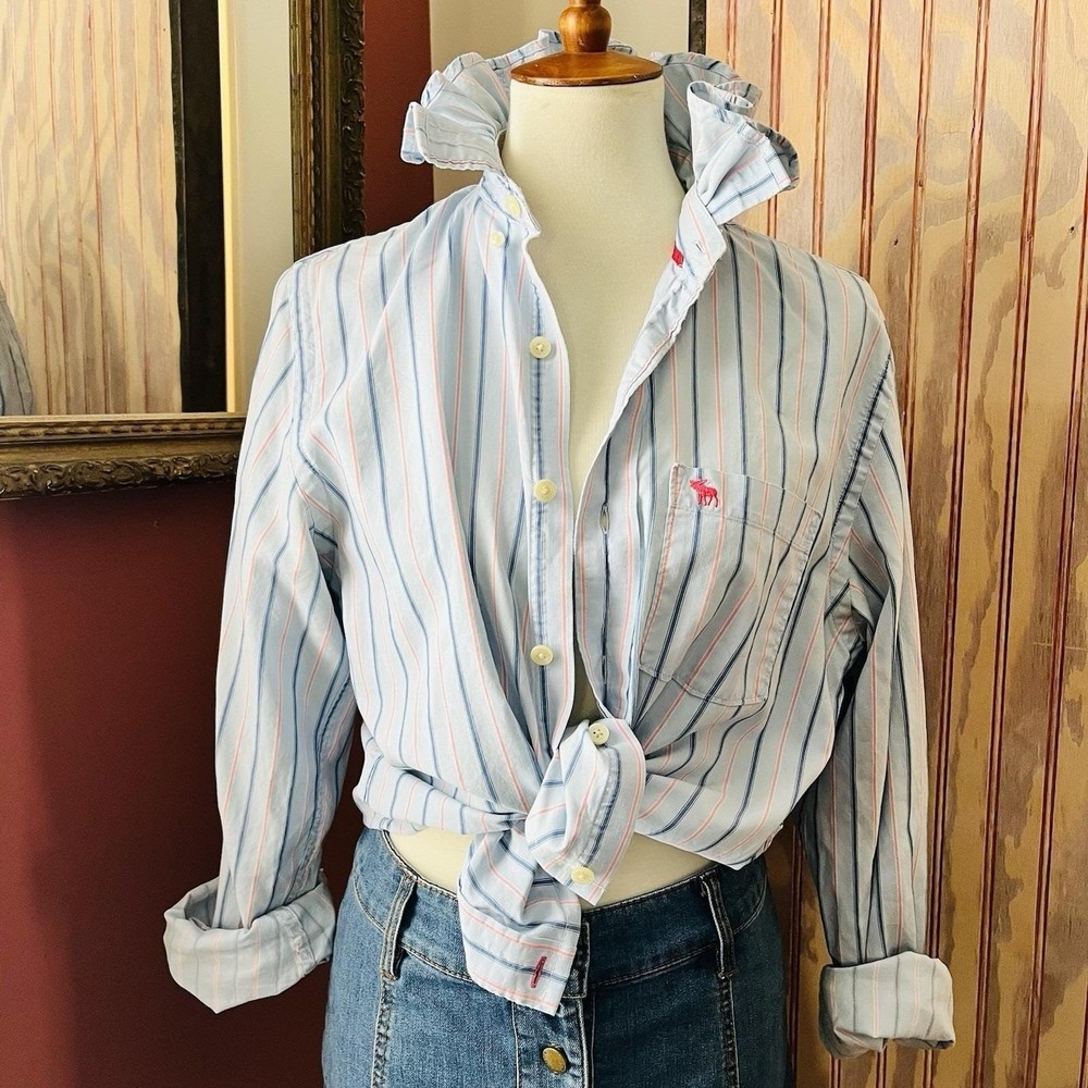 Upcycled Re-worked Abercrombie & Fitch Preppy Pink Stripe Ruffle Collar Shirt S
