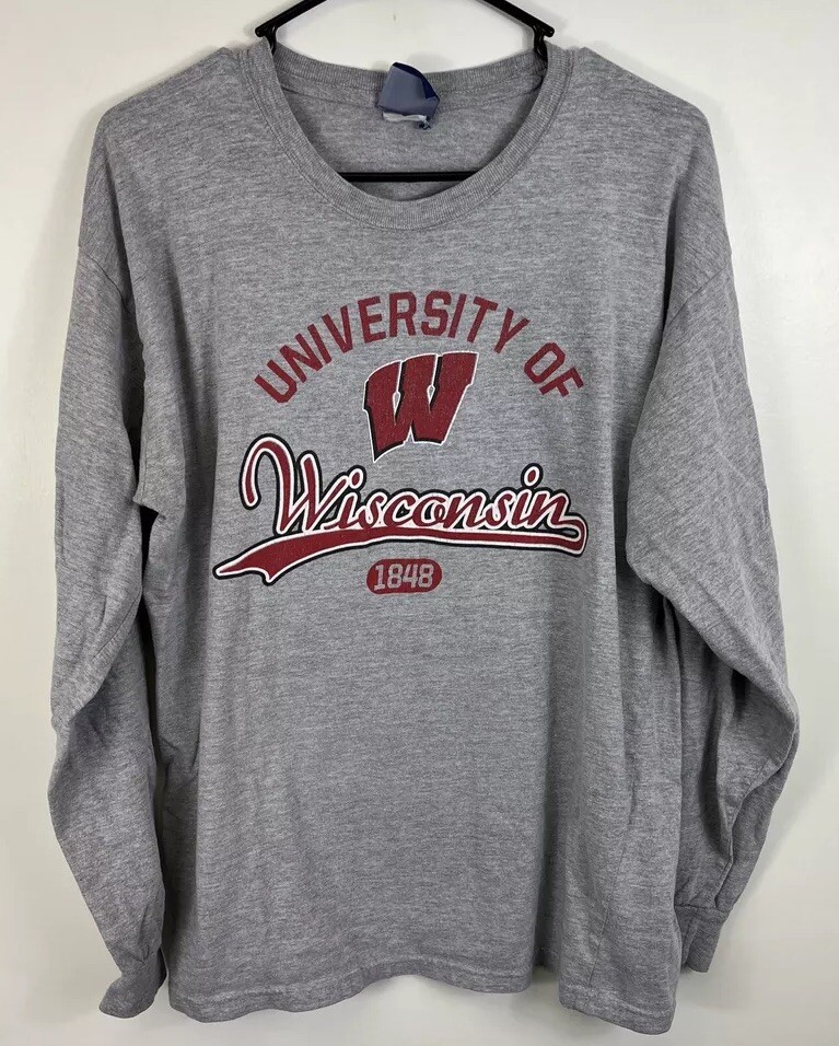 Wisconsin Badgers Gray Long Sleeve NCAA T-Shirt for Adults by Cadre Athletic - Size Lrg