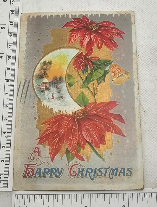 Antique Ephemera Postcard Posted 1914 Embossed Xmas Washington 1c stamp