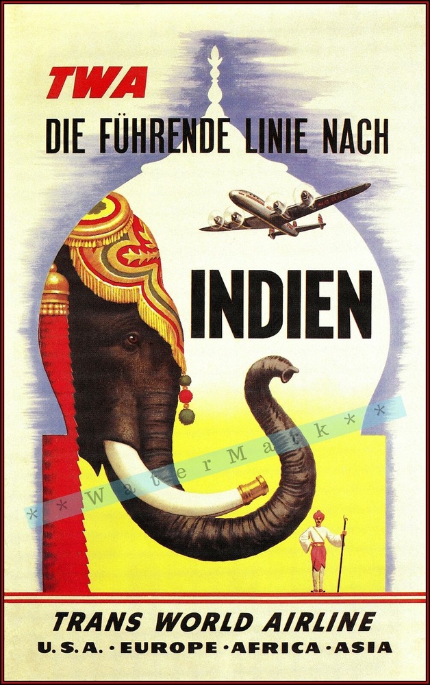 India 1950 Indien German TWA Air Travel Vintage Poster Print Retro Advert