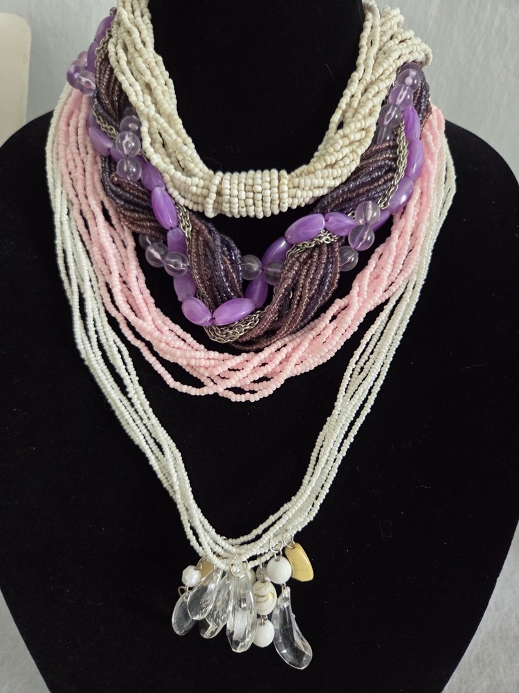 Vintage BOHO Glass Seed Bead Necklace Red Pink Purple Whit Bohemian Multi-strand