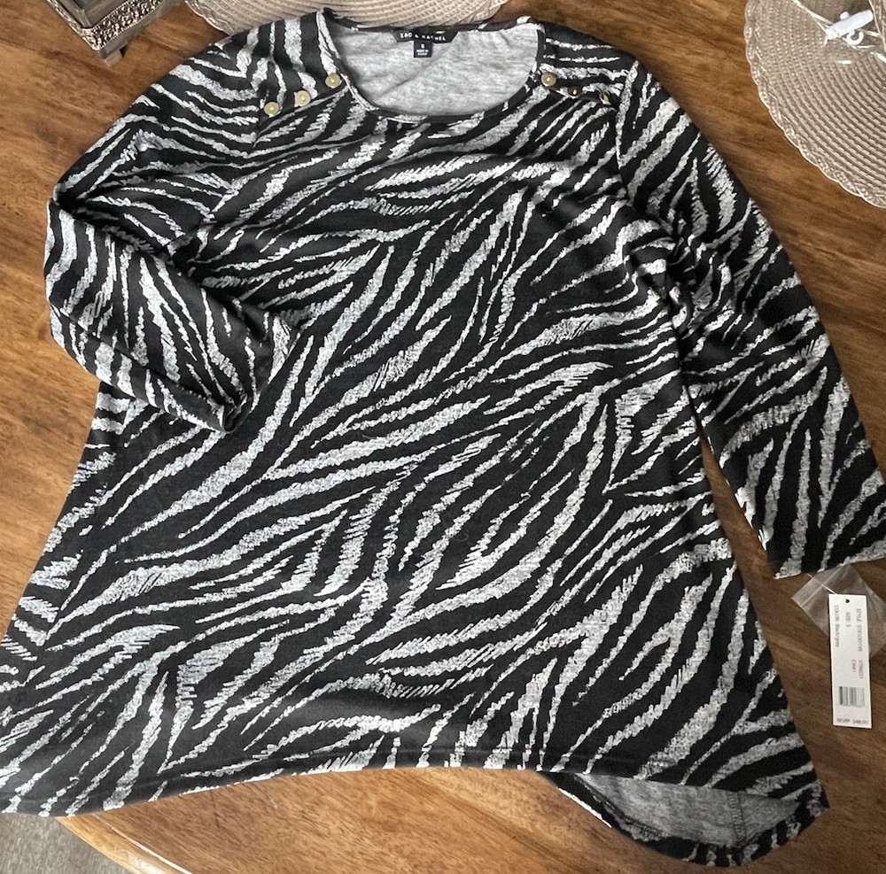 Zac & Rachel Tunic Top Womens S Black White Blouse 3/4 Sleeve High Low Hem NWT