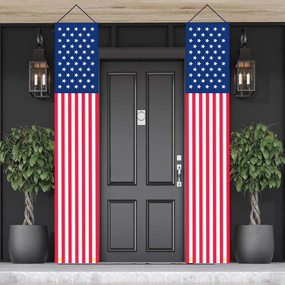 4th of July Red White and Blue Outdoor Hanging American Flag Banners Porch Si...