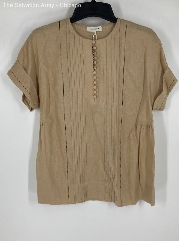 Lafayette 148 Womens Khaki Short Sleeve Crew Neck Blouse Top Size Small