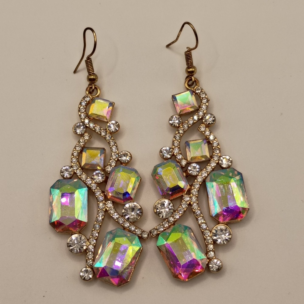 Aurora Borealis Crystal Rhinestone Earrings Chandelier Statement Prom Gold Tone