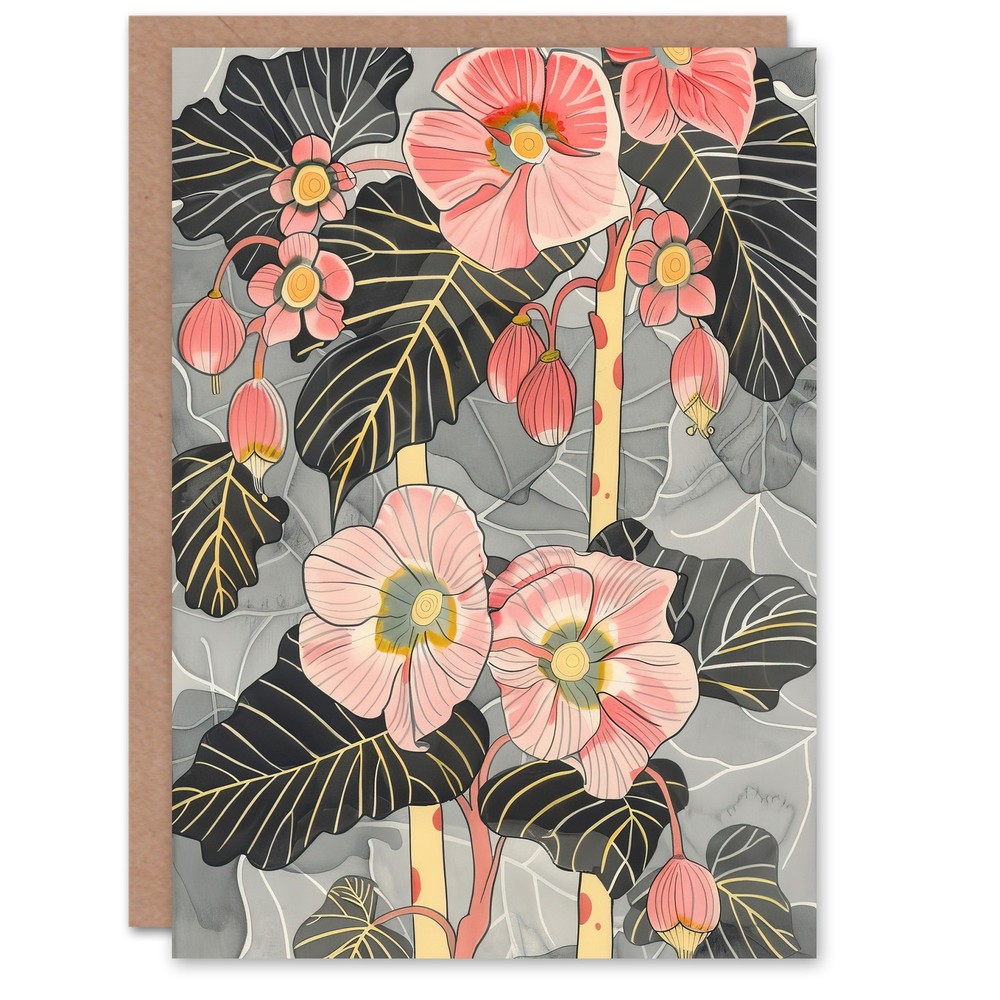Greeting Card Blooming Pink Begonia Flowers Stylised Floral Blank Birthday