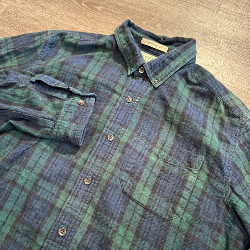 LL Bean Shirt Mens Large Green Plaid Cotton Flannel Traditional Fit Button Up