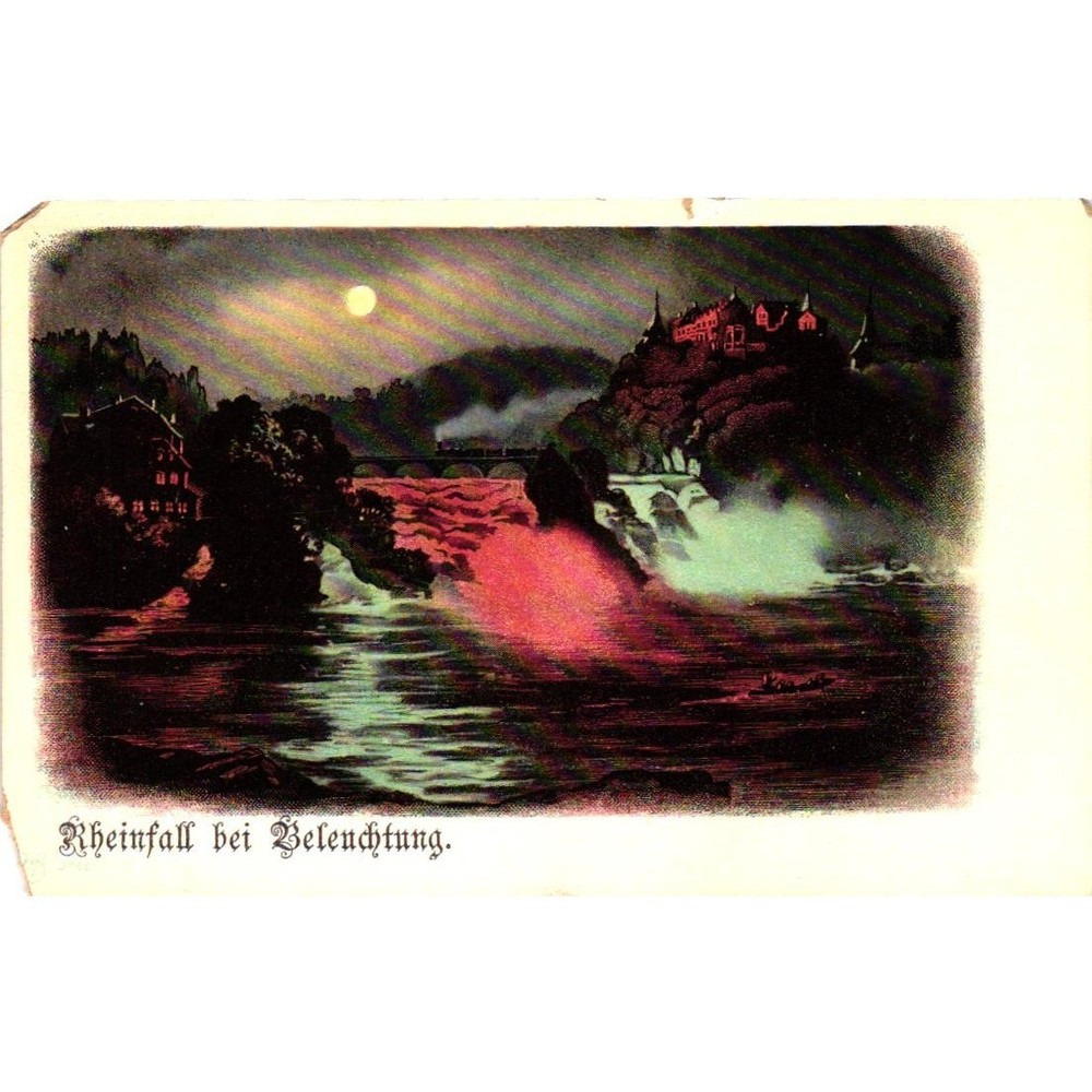 Antique Switzerland Postcard Rhine Falls at Night Moonlit Undivided Back 1900s