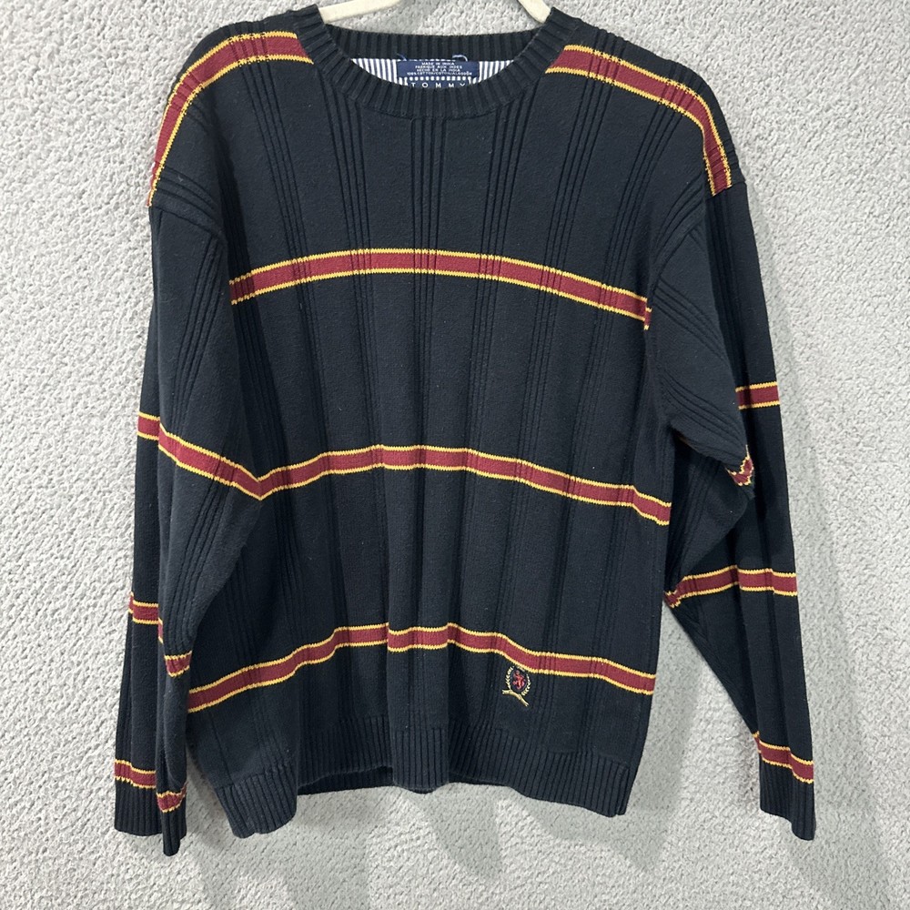 Vintage Tommy Hilfiger Sweater Mens Medium Blue Red Striped Y2K Classic Preppy