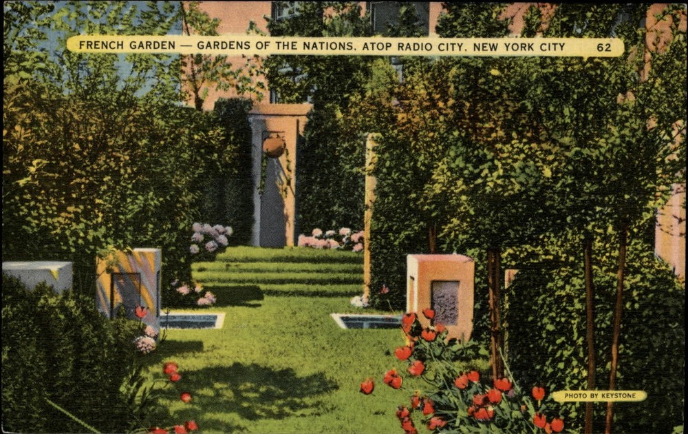 Gardens of Nations Radio City New York NYC ~ 1941 linen postcard