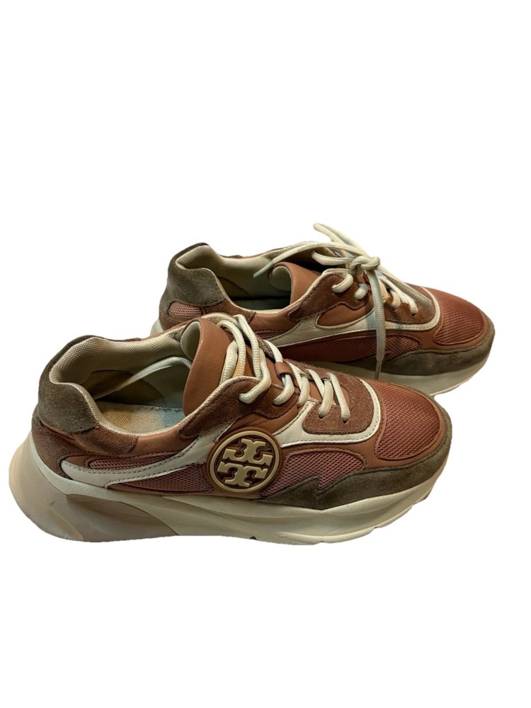 Tory Burch Womens Sawyer Trainer Sneakers Sz 8 M-Mauve Pink Mesh /Nat Suede EUC