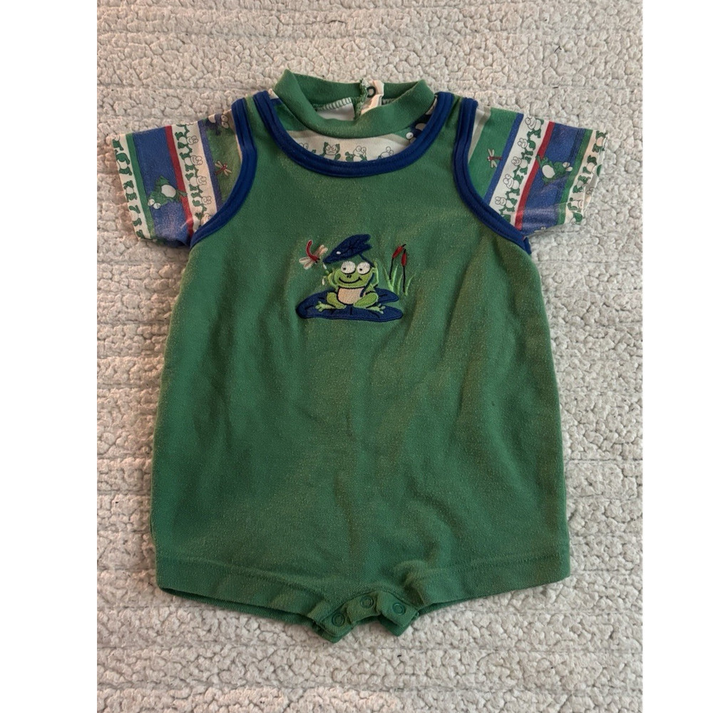 Vintage 90s Basic Editions Baby Boy Frog Romper 18 Months Green Embroidered