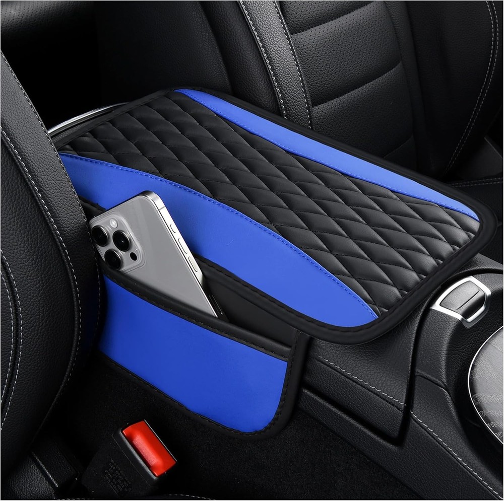Patchwork Leather Centr Console Covers for Cars, Upgraded Arm Res Color: Blue