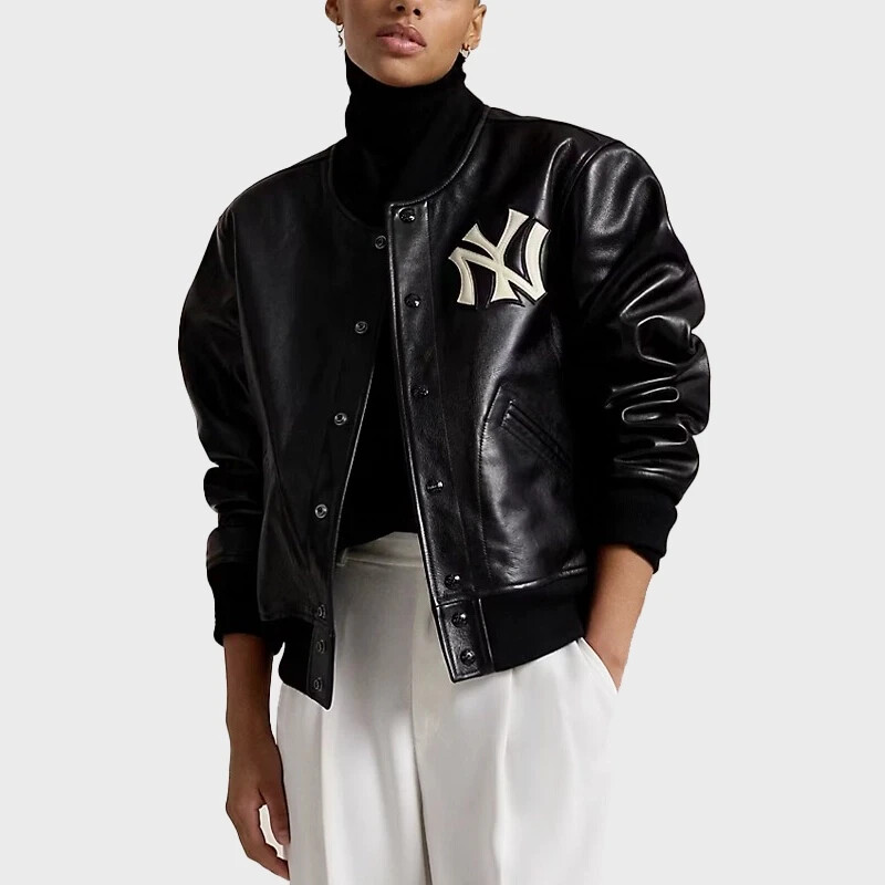 Unisex Premium Black Polo Ralph Lauren Yankees Genuine Leather Bomber Jacket