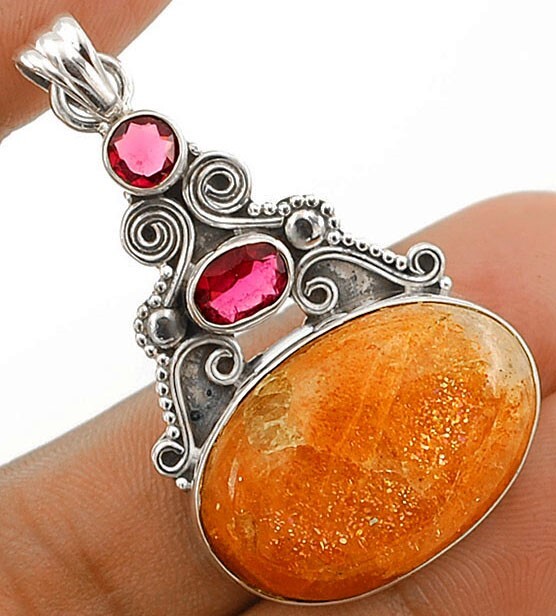 10g Natural Orange Sunsitara Tourmaline 925 Sterling Silver Pendant Necklace