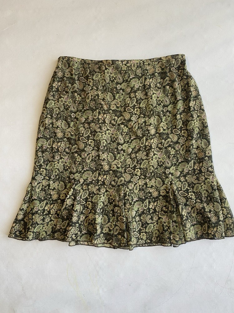 Dress Barn Women’s Green Floral Print Lined Elastic Waist Midi Skirt Sz L